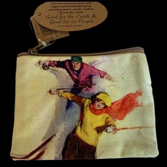 NWT Art Studio Company Retro Snow Skiing Couple Pouch Bag Accessories Makeup Bag - Picture 2 of 7